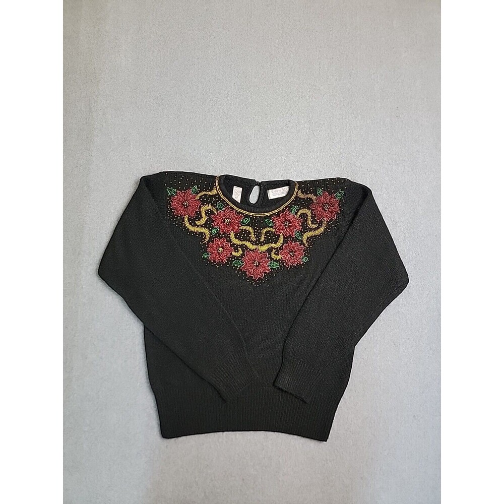 Karen Scott Sweater Womens PM Black‎ Beaded Poinsettia Silk Angora Holiday Party
